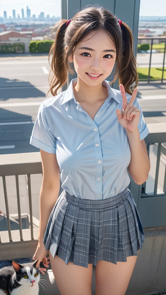 (masterpiece:1.3, highest quality, Ultra-high resolution, Very detailed), (Realistic:1.1, photoRealistic:1.4), Beautiful illustrations, Perfect lighting, colorful, Written boundary depth,
Beautiful detailsまでこだわった髪, Beautifully detailed face, Beautiful details, Beautiful clavicle, Beautiful body, Beautiful breasts, Beautiful thighs, Beautiful legs, Beautiful fingers,
View audience, 1 girl, Japanese, high school girl, Perfect Face, (Perfect Anatomy, Anatomically correct), Cute and symmetrical face, Baby Face, Sunburn, Shiny skin,
(Middle Hair:1.5, Twin tails:1.2, blonde), Asymmetrical bangs, blue eyes, Long eyelashes, (Medium Chest), thin,
((Collared short-sleeved shirt, Light blue shirt, , Grey plaid pleated skirt, To the Navy)), No pants,
(Beautiful views), evening, (Outdoor, distant cityscape), Are standing, (peace sign), (Cute Smile, Blushing、Upward glance, Open your mouth), (Perverted old man opens up girl'Cat:1.3),