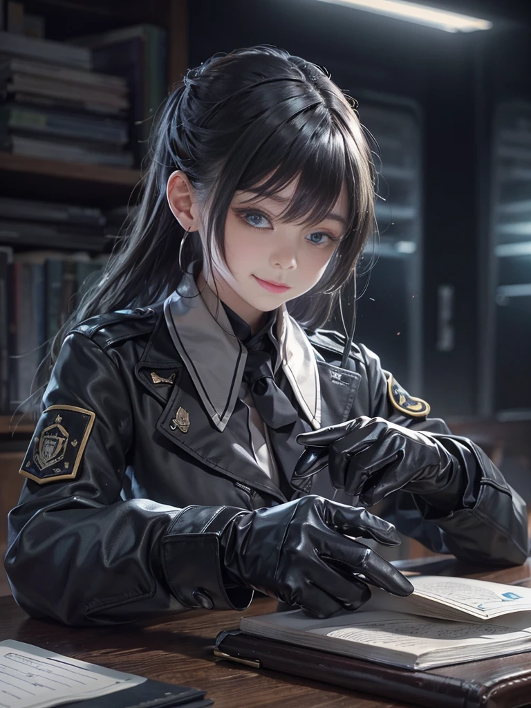 Wear black leather gloves on both hands, Upper Body, Black Military Police, Shirt and Tie, Desk facing modern study room in darkness, Head down and smile, Write a letter with a pen, Black long straight hair, Japanese young female high school student (Black leather gloves cover hands)