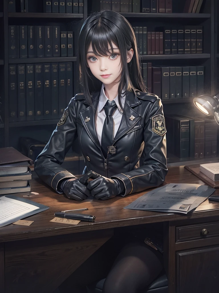 Wear black leather gloves on both hands, Upper Body, Black Military Police, Shirt and Tie, Desk facing modern study room in darkness, Head down and smile, Write a letter with a pen, Black long straight hair, Japanese young female high school student (Black leather gloves cover hands)