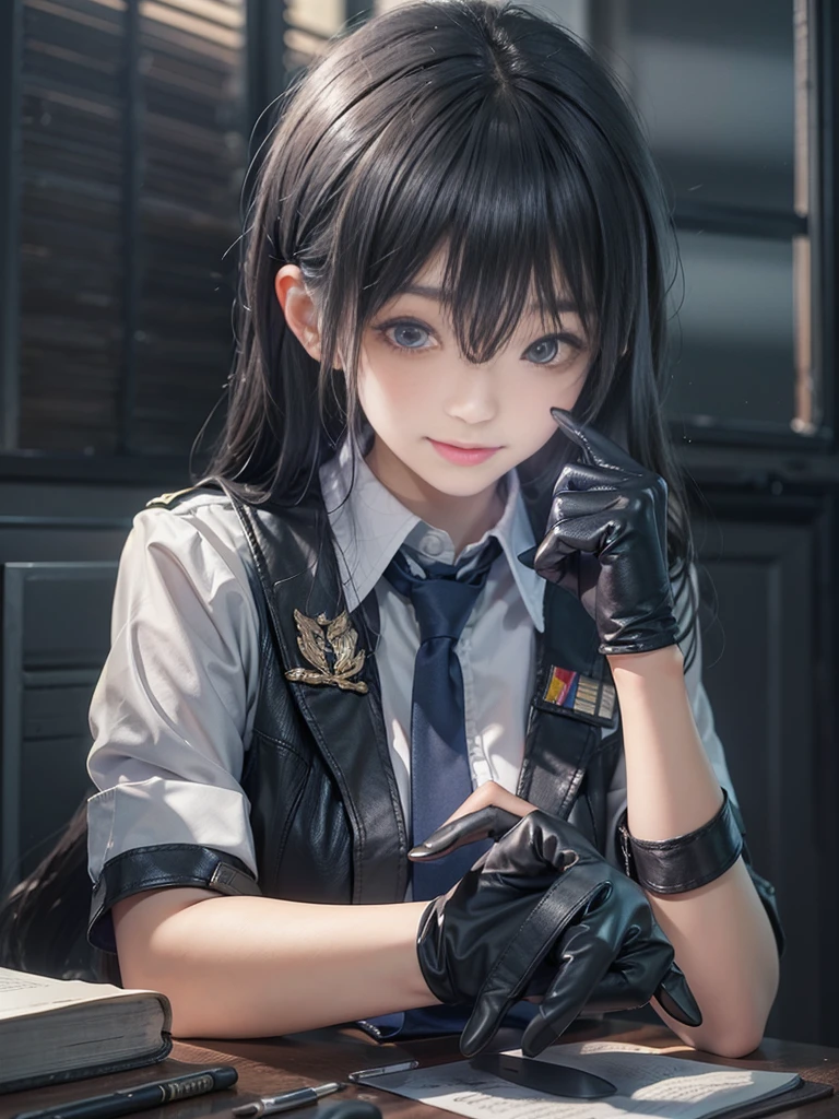 Wear black leather gloves on both hands, Upper Body, Black Military Police, Shirt and Tie, Desk facing modern study room in darkness, Head down and smile, Write a letter with a pen, Black long straight hair, Japanese young female high school student (Black leather gloves cover hands)