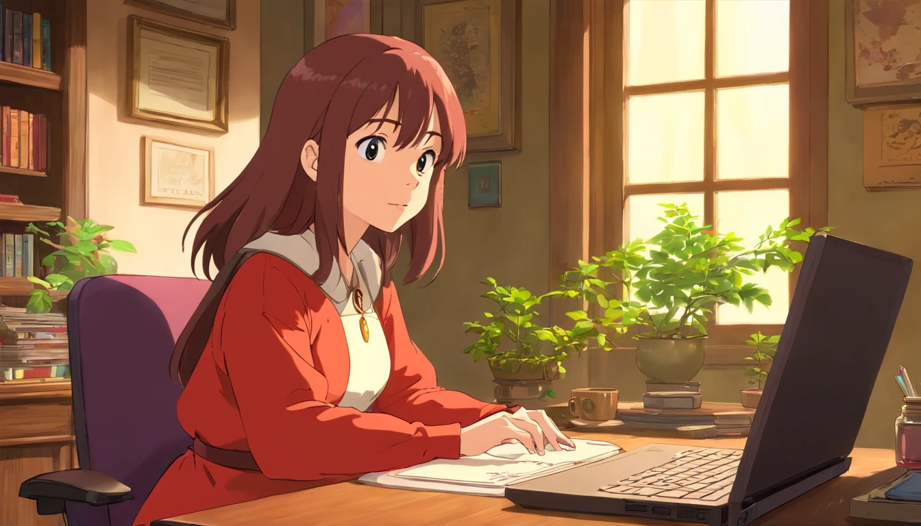 Cartoon of a woman sitting at a desk with a laptop, Roffi portrait at a window, Roffi portrait, in the style of digital illustration, reproductive illustration, stylized digital illustration, matte digital illustration, Reusch art style, Loisch |, LOFI Girl, Urban Girl Fan Art, Lofiart style, Digital 2D illustration, Lofiart