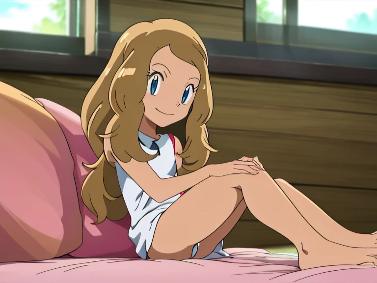 masterpiece, best quality, highres, in a living room, fullbody, depth of field, 1girl, solo, serena (pokemon), seductive, white shirt, underwear, looking at viewer, bare legs, bare feet, 5 toes, side, seated on bed, closed mouth, smiling.