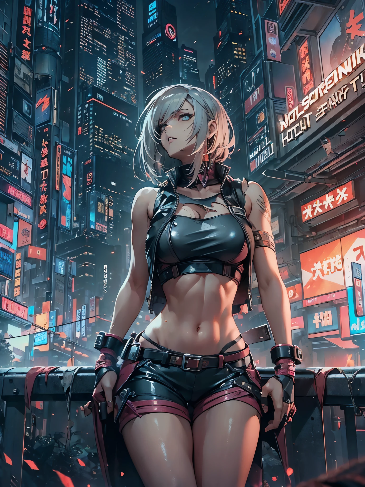 ((1 girl))、 ((cyberpunk))、((m legs:1.3, crouching:1.3))、((back view:1.3))、((from below:1.2))、finely detailed, ultra-detailliert, digitial illustration, Meticulously drawn hair, Glossy realistic skin texture、Smooth texture、shiny skin、((looking down at viewer:1.2))、((Being in midnight city:1.2))、((sleeveless:1.2))、((torn and ripped:1.1, hot pants:1.4, highleg:1.4))、((latex))、((crop top navel:1.2))、((wedgie:1.2))、((huge hip:1.3))、((hip focus:1.1))、full body