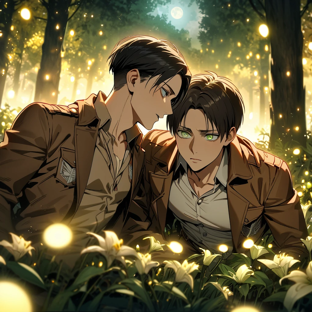 absurdres, highres, ultra detailed, HDR, masterpiece, extremely detailed face and eyes, Shingeki No Kyojin, two men together, sexy gay couple, handsome, Levi Ackerman together with Eren Yeager, expressive eyes, perfect face, brown jacket, magical forest, shining trees, shinning fireflies, moon, lilies