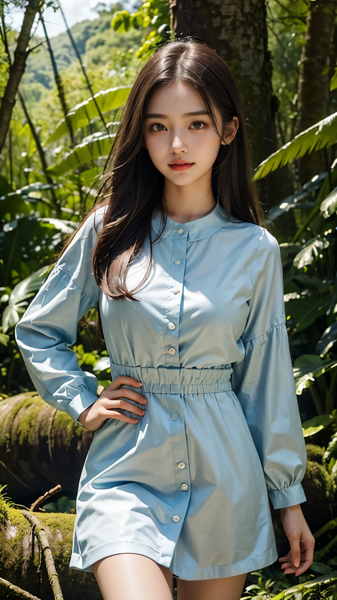 ((Masterpiece: 1.37)), 18 years girl, Asian Beauty Girl, A beautiful and cute girl, full body photo, extremely beautiful and delicate, black hair, sweet smile, (smile: 1.2), delicate beautiful fair skin, realistic, exquisite and complete facial features, detailed facial portrayal, flowing smooth hair, extremely delicate hair, soft temperament, face light, tall, thin, real, hyper-real, full-body lens, (Dress Women Kawaii Clothing Lolita Dress), ultimate picture quality, highest precision, accurate and perfect human body structure. Blue sky and white clouds, Rain forest, very dangerous forest, walking in middle of forest, sunlight,