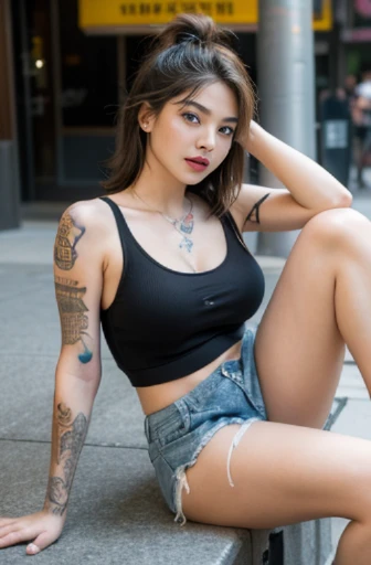 In the heart of gritty New York City, a beautiful woman named Isabella takes a seat on a weathered streetbench. With a confident air about her, she crosses one leg over the other, exposing a low-cut red tank top that tantalizingly reveals a peek of her ample, intricately tattooed cleavage. The tattoos showcase a vibrant array of colors and designs, each one telling a story of her life. Her dolphin shorts are ripped in places, adding to the edgy urban vibe, and she completes the look with a pair of worn-in sneakers. The soft light filtering through the cityscape casts a warm, flattering glow