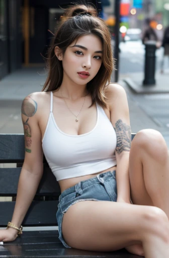 best quality, masterpiece, highres, 1girl, Beautiful face, photorealistic, 8k, UHD, long hair, arm tattoos, tattooed, very muscular, Asian, female, dark skin, wearing smart casual clothes, busy park, sitting, (high detailed skin:1.2), 8k uhd, dslr, high quality, candid, Photograph, high resolution, 4k, 8k, alone, one girl, she is wearing smart casual clothes, woman in smart casual wear, smart clothes, sitting on a bench, green park, public park, muscles,