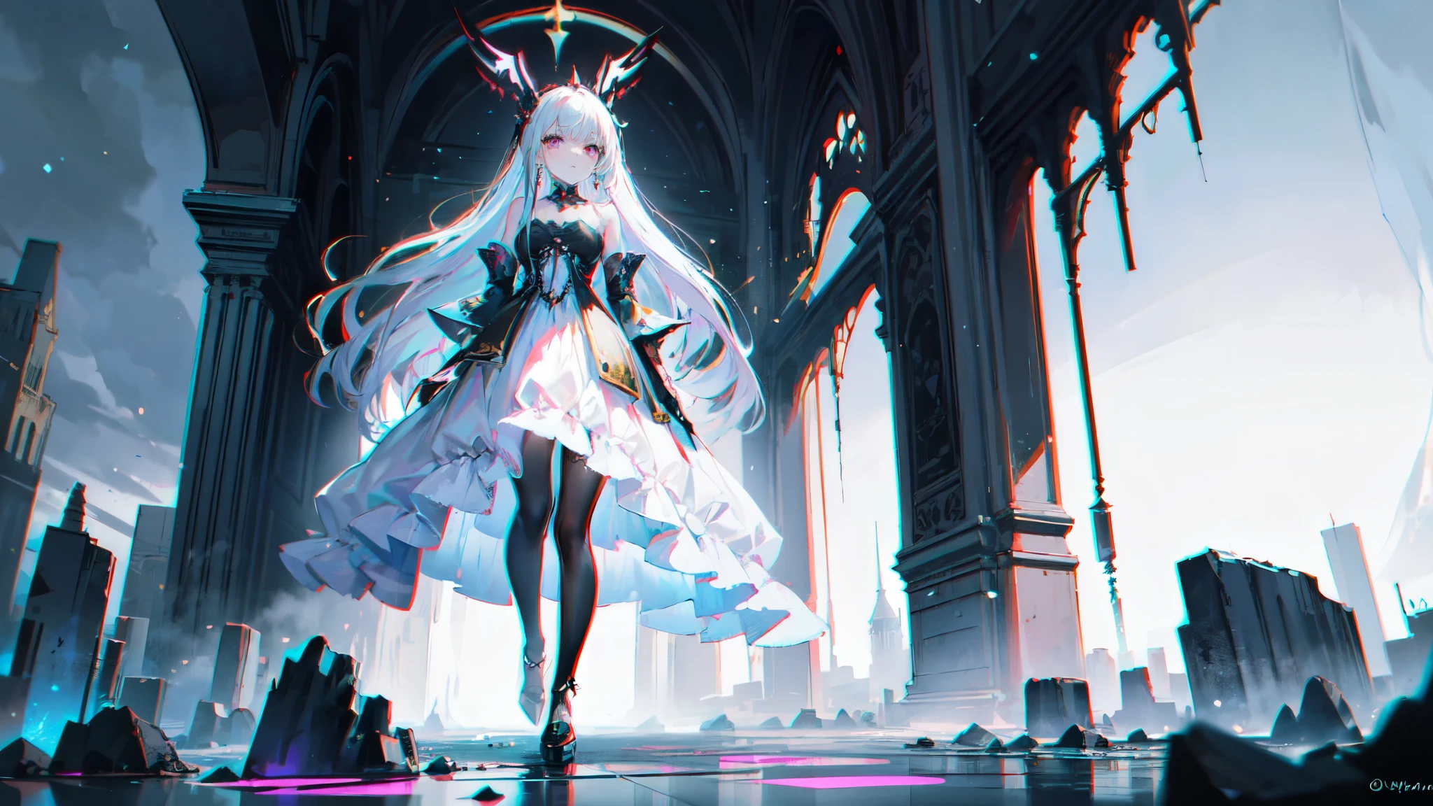 A vertical aspect, full-body image of a standing anime girl about 20-22 years old, designed to embody the style of a dark, magical city. Her attire is elegant, in white and gold, adorned with intricate glowing runes and patterns reminiscent of the city's architecture. Her long, flowing hair, styled like the city's spires, is tinged with chromatic aberrations and glitches, enhancing her surreal, otherworldly appearance. Her eyes are clear yet fierce, reflecting the deep darkness of a tar-black prism, adding to her eerie, captivating presence. Her overall look is corroded by intense glitches and chromatic aberrations, symbolizing time and space desynchronization. She expresses a mix of sarcastic anger and deadly calm, adding depth to her character. There must be one girl in the image.