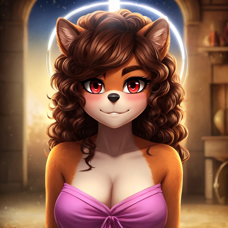 mobian, hedgehog, two-tone fur ((orange fur, brown fur)), pyjama elastic shorts, strapless crop top, cleavage, high-top sneakers, two-tone hair (brown hair, black tip)), curly hair, halo, sunglasses, jewelry, red eyes, longeyelashes, red eyes, smile, shy, blush, high detail, masterpiece, UHD, anatomically correct, super detail, highres, 4K