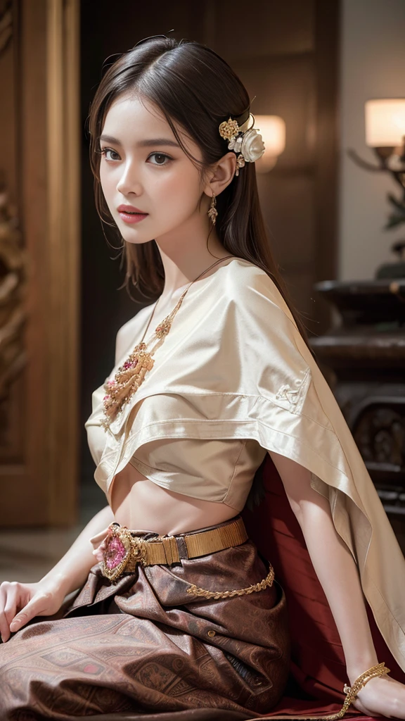 (raw photos:1.2), (realistic:1.4), (Masterpiece:1.3), (best quality:1.4), Ultra high resolution, (Detailed eyes), (Detailed facial features), (Detailed clothing features), HDR, 8K resolution, Focus only, Dressing according to Thai tradition, Traditional shawl , 1 woman , big breasts, A gigantic rift, big breastsดันเสื้อผ้า, big breast, Breasts are fully grown., Make your breasts bigger.., small waist, Long legs, Facing the audience, Full body, depth of field, Cinema-grade lighting system, big breasts, too big for your body, Showing a flat stomach, The lower half of the breast is visible., Sexy sitting or lying position, Picture from a very low angle, Gestures that capture a man's heart, Gestures that arouse emotion