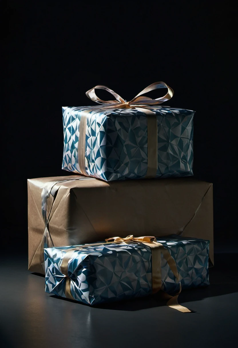 wrapped packages appearing as ambiguous sculptural objects. Hovering between illusion and hyper-realism, , capturing every crinkle and tear in the wrapping paper ,subtle reflections of light off the creased paper, They are resting on a dark surface against a dark background, fujifilm provia 400x, massurrealism, luminous shadows, cranberrycore, renaissance-inspired chiaroscuro, minimalist backgrounds - HDRI.