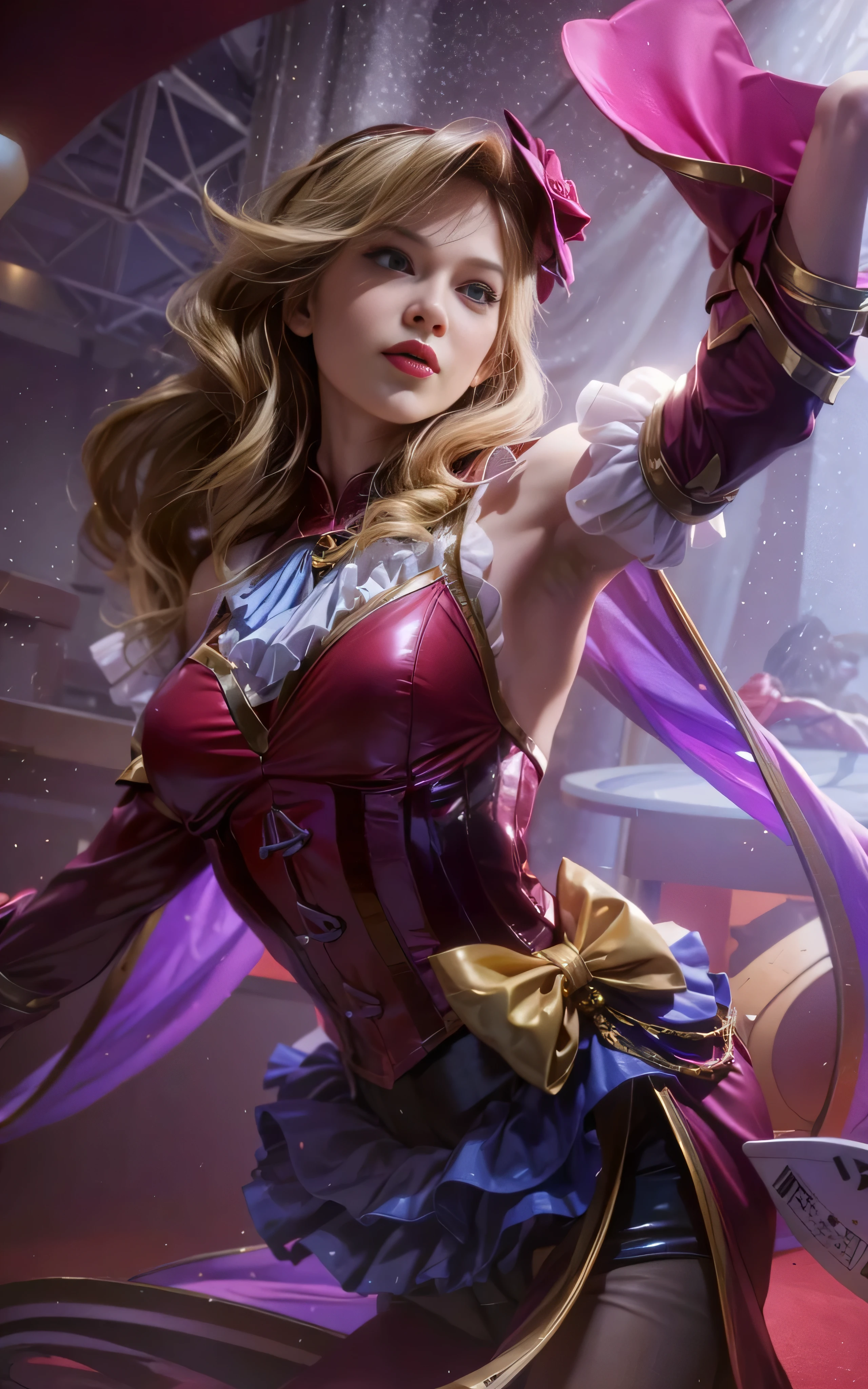 a close up of a woman in a costume holding a pink hat, orianna, extremely detailed artgerm, ! dream artgerm, cushart krenz key art feminine, style artgerm, artgerm detailed, valentina remenar, artgerm. high detail, kda, miss fortune, ig model | artgerm, ashe, photorealistic:1.4, 4K, 8K, UHD, blonde hair