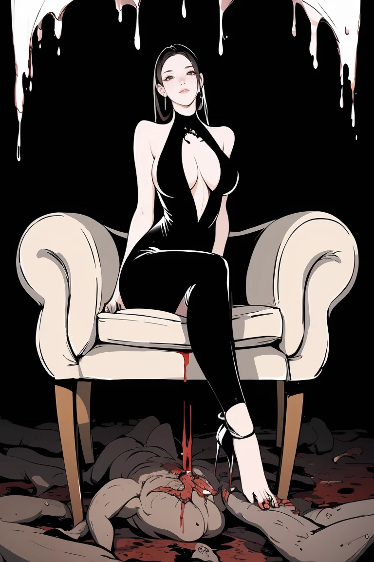 (masterpiece, best quality:1.2, Symmetrical body,fullbody),comic board,femdom,1beautiful girl, smile,barefoot,smile,lace bodysuit, shiny leggings, blush,breasts,cleavage,crossed legs,large breasts,leg tattoo,lips,lipstick mark,long hair,smile,toenail polish,toenails,) sitting,couch,defloration,dirty,smoke,indoor,(rich background, film shooting, depth of field, Super visual, The art of HR Giger and Beksinski comes together in this detail, Grim, skeletons:1.5,Flowing saliva:1.5,Bare brains on the wall,beauitful , mucus:1.5,Pepperoni:2,A large number of homogeneous species:1.5,SPR:1.5,Psychedelic background,Dark horror scene. Sharp images, Use edge lights to render at 8K resolution, It shows a terrifying environment full of Lovecraft's tentacles,They twist and pulsate in neon lights. HDR lighting creates complex and detailed shadows on a distorted background, Mutant humanoid. Distorts the environmental structure due to glitch and distortion effects, Surreal and dreamlike elements,Such as a floating inverted structures and decaying flesh,Create a feeling of disturbing and disorientation. Religious and mystical symbols are scattered against an intricate backdrop,Add a touch of supernatural horror to this already insanely terrifying masterpiece,)