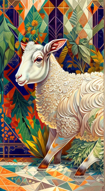 Gorgeous, exquisite and overwhelming graphic illustrations,Rich brushstrokes,gorgeous color,geometric shapes,closeup cleavage,A bleeding hornless lamb, seen in profile, lying on its side,