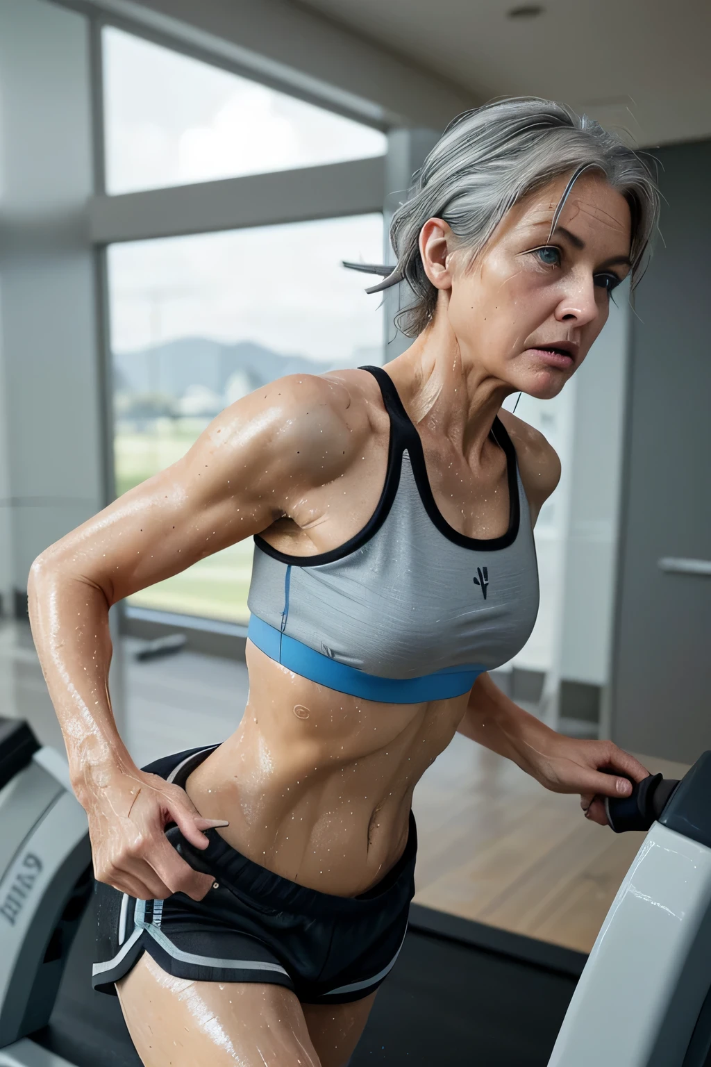Masterpiece, 55 year old woman, gray hair, blue eyes, fit, wearing a sports bra and black short shorts, wet skin, running on a treadmill, realistic, view from side