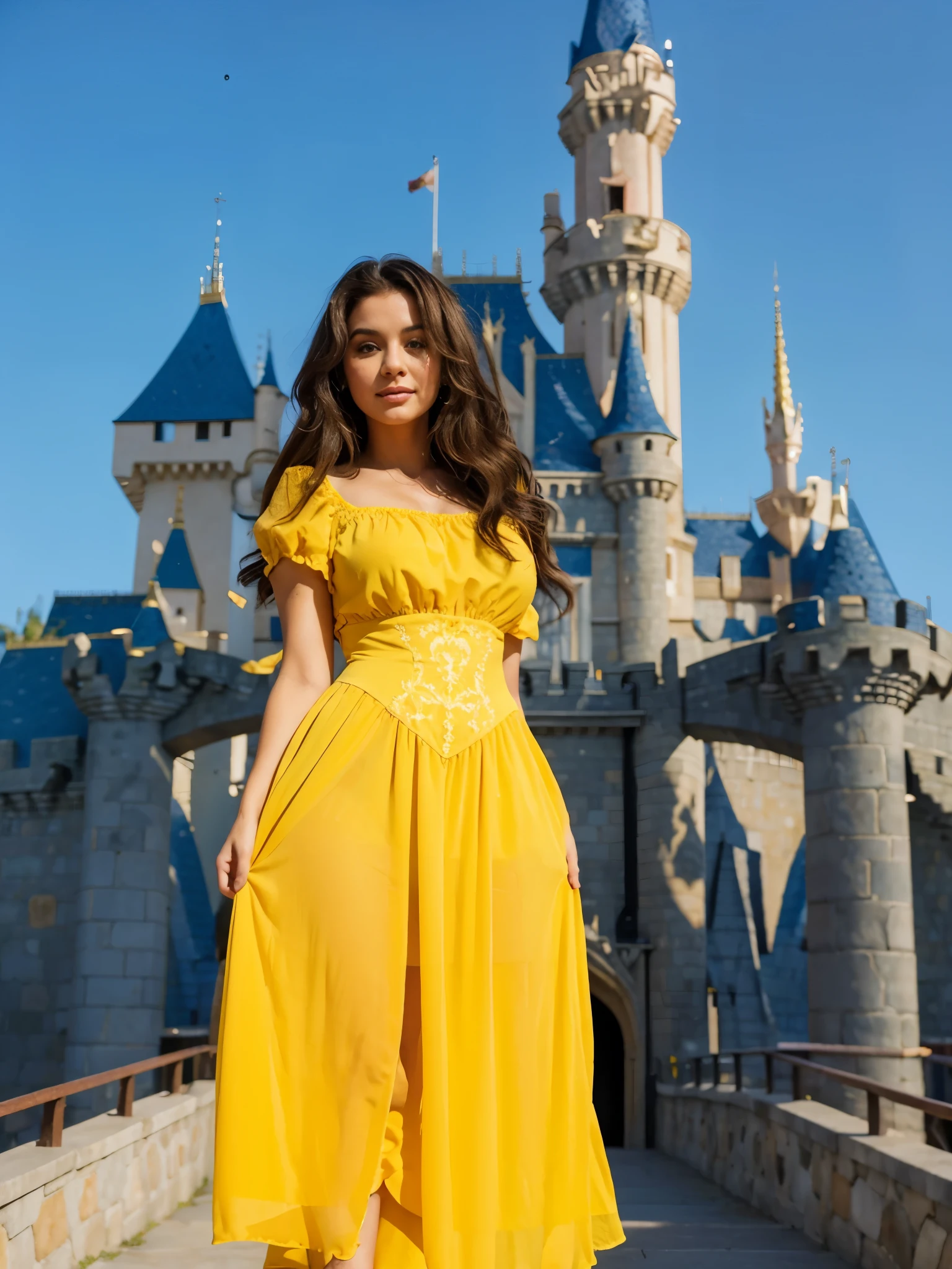 Uma mulher, com roupas de princesa, fundo castelo Disney, muito linda, vestido amarelo, sexy, bunda grande, pernas grossas, fitness