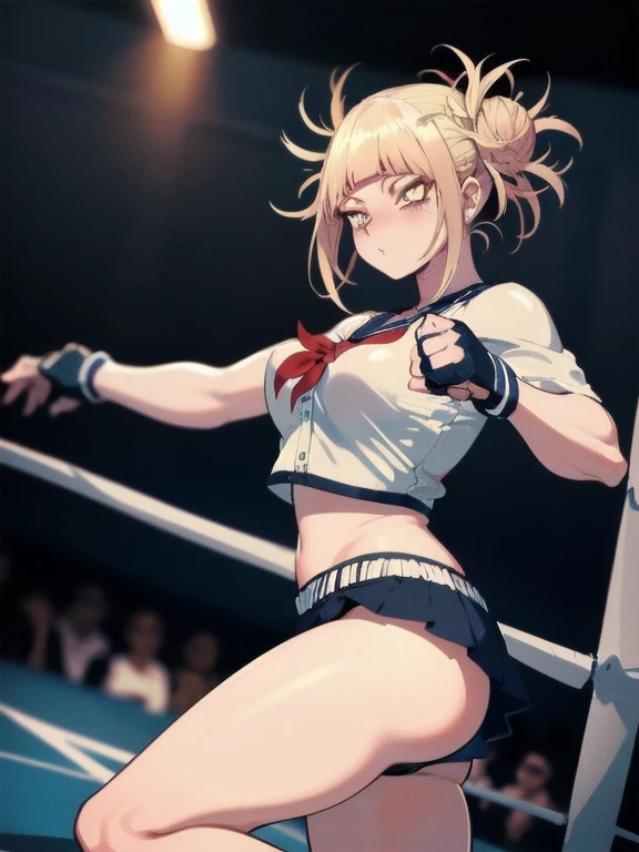 (Best Quality, masutepiece),ultra detailed photographic,1girl in, female boxing athlete ,Large breasts,nice legs,At the boxing venue,Detailed beautiful face,Beautiful eyes,detailed hairs,detailed  clothes,Detailed realistic skin,Cool,Dynamic Angle,shine eyes in dark,