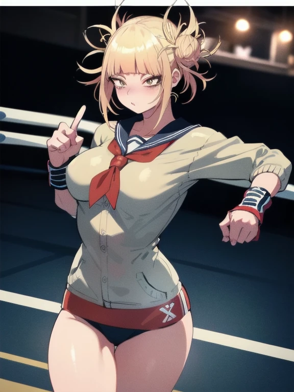 (Best Quality, masutepiece),ultra detailed photographic,1girl in, female boxing athlete ,Large breasts,nice legs,At the boxing venue,Detailed beautiful face,Beautiful eyes,detailed hairs,detailed clothes,Detailed realistic skin,Cool,Dynamic Angle,shine eyes in dark,