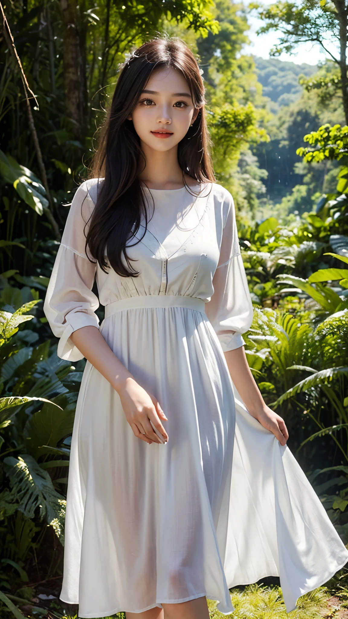 ((Masterpiece: 1.37)), 18 years girl, Asian Beauty Girl, A beautiful and cute girl, full body photo, extremely beautiful and delicate, black hair, sweet smile, (smile: 1.2), delicate beautiful fair skin, realistic, exquisite and complete facial features, detailed facial portrayal, flowing smooth hair, extremely delicate hair, soft temperament, face light, tall, thin, real, hyper-real, full-body lens, (Galaxy Trendz Raw Silk White Western Dress), ultimate picture quality, highest precision, accurate and perfect human body structure. Blue sky and white clouds, Rain forest, very dangerous forest, walking in middle of forest, sunlight, 