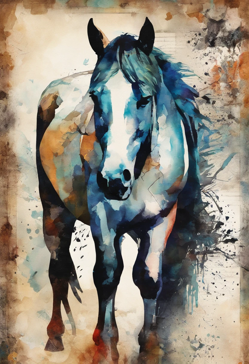 cheval frison hautain stoïque assis (expression d'indifférence), regard vide froid, posture sage, fond soleil d'été rayonnant ::2 colorful ink painting ::2 art fantasy