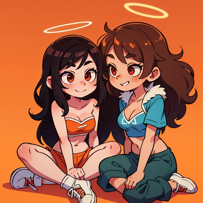 mobian, hedgehog, two-tone fur ((orange fur, brown fur)), pyjama elastic shorts, strapless crop top, cleavage, high-top sneakers, two-tone hair (brown hair, black tip)), curly hair, halo, sunglasses, jewelry, red eyes, longeyelashes, red eyes, smile, shy, blush, high detail, masterpiece, UHD, anatomically correct, super detail, highres, 4K