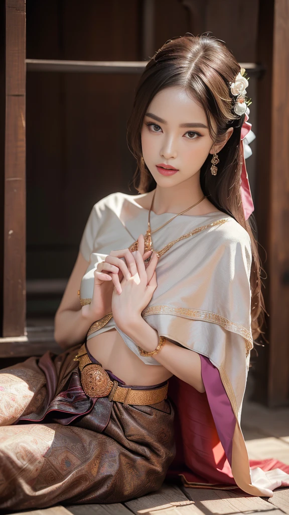 (raw photos:1.2), (realistic:1.4), (Masterpiece:1.3), (best quality:1.4), Ultra high resolution, (Detailed eyes), (Detailed facial features), (Detailed clothing features), HDR, 8K resolution, Focus only, Dressing according to Thai tradition, Traditional shawl , 1 woman , big breasts, A gigantic rift, big breastsดันเสื้อผ้า, big breast, Breasts are fully grown., Make your breasts bigger.., small waist, Long legs, Facing the audience, Full body, depth of field, Cinema-grade lighting system, big breasts, too big for your body, Showing a flat stomach, The lower half of the breast is visible., Sexy sitting or lying position, Picture from a very low angle, Gestures that capture a man's heart, Gestures that arouse emotion, legs apart, Spread your legs apart.