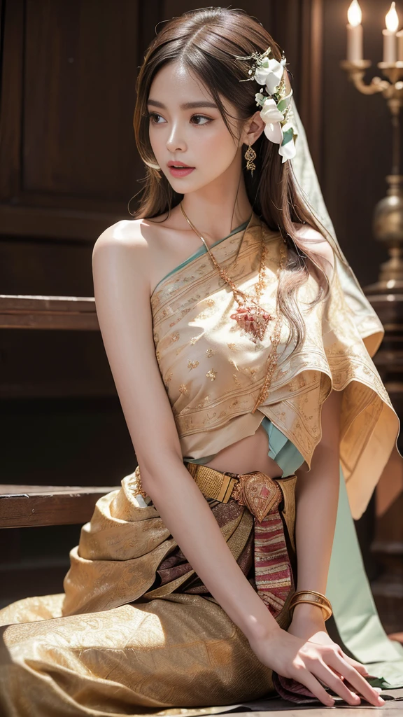 (raw photos:1.2), (realistic:1.4), (Masterpiece:1.3), (best quality:1.4), Ultra high resolution, (Detailed eyes), (Detailed facial features), (Detailed clothing features), HDR, 8K resolution, Focus only, Dressing according to Thai tradition, Traditional shawl , 1 woman , big breasts, A gigantic rift, big breastsดันเสื้อผ้า, big breast, Breasts are fully grown., Make your breasts bigger.., small waist, Long legs, Facing the audience, Full body, depth of field, Cinema-grade lighting system, big breasts,  too big for your body, Showing a flat stomach, The lower half of the breast is visible., Sexy sitting or lying position, Picture from a very low angle, Gestures that capture a man&#39;s heart, Gestures that arouse emotion, legs apart, hands placed between legs