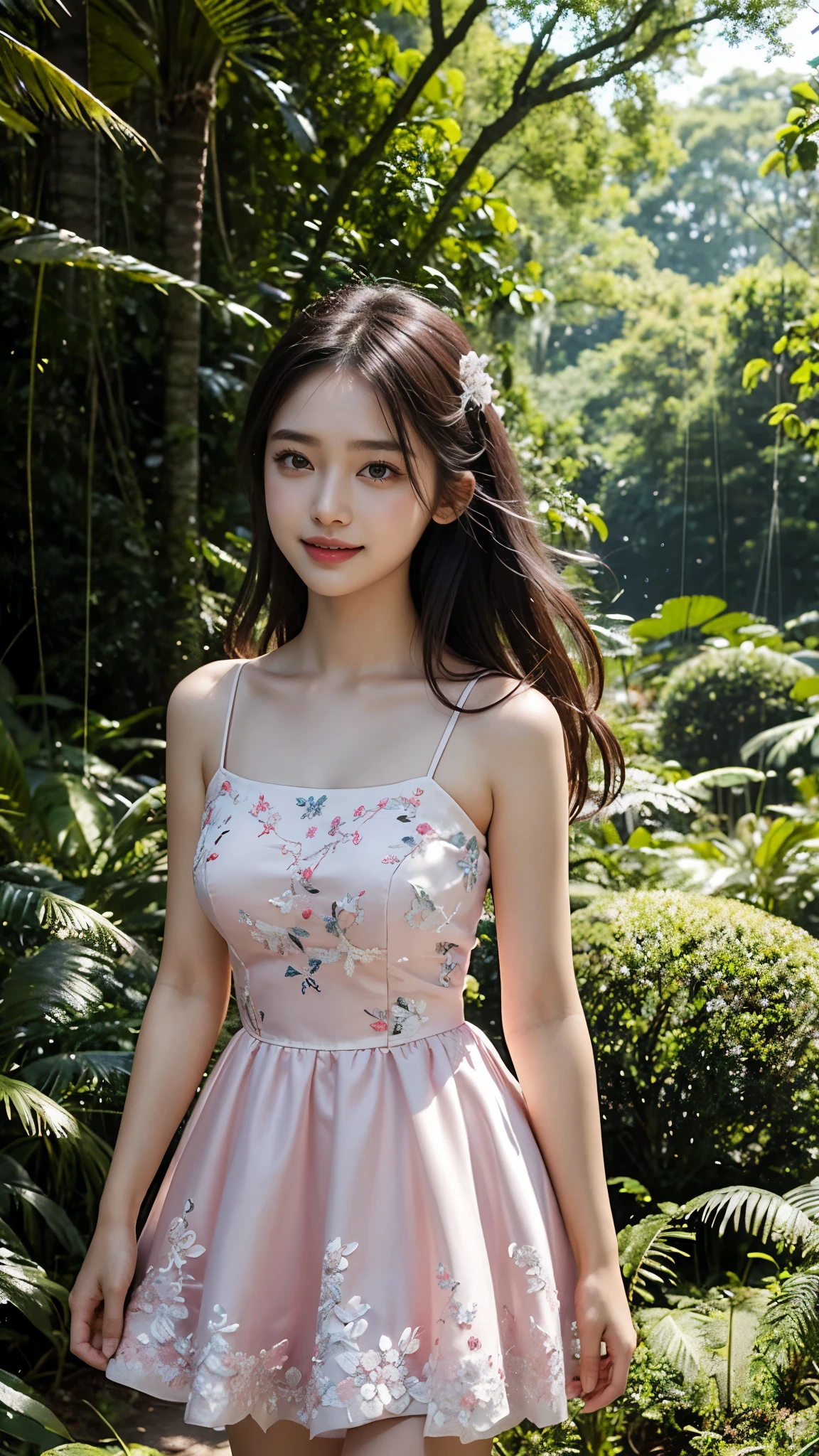 18 years girl, Asian Beauty Girl, A beautiful and cute girl, full body photo, extremely beautiful and delicate, black hair, sweet smile, (smile: 1.2), delicate beautiful fair skin, realistic and realistic, exquisite and complete facial features, detailed facial portrayal, high nose bridge, flowing smooth hair, extremely delicate hair, soft temperament, face light, tall, thin, real, hyper-real, full-body lens, (Square Neck Floral Short Pink Party Dress with Embroidery), ultimate picture quality, highest precision, accurate and perfect human body structure. Blue sky and white clouds, Rain forest , very dangerous forest, Very height trees, walking in middle of forest, blue sky and white clouds, sunlight, 