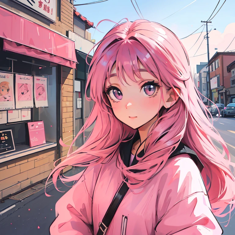 girl, hazel eyes, very detailed, pink hair, pink clothes, Pretty Woman, 거친 girl, female student, happy, best quality, high quality, very detailed anime
