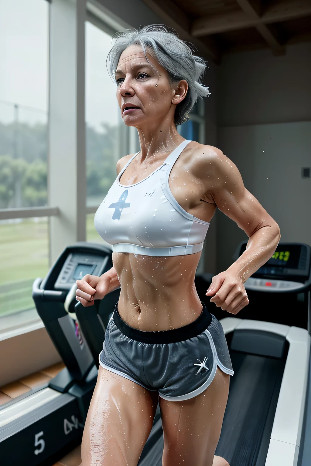 Masterpiece, 55 year old woman, gray hair, blue eyes, fit, wearing a white sports bra and black short shorts, wet skin, running on a treadmill, realistic, view from side