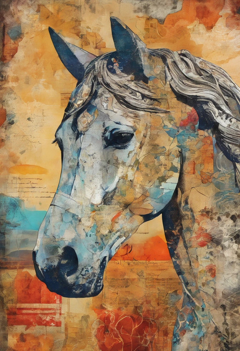 cheval frison hautain stoïque assis (expression d'indifférence), regard vide froid, posture sage, fond soleil d'été rayonnant ::2 colorful ink painting ::2 art fantasy