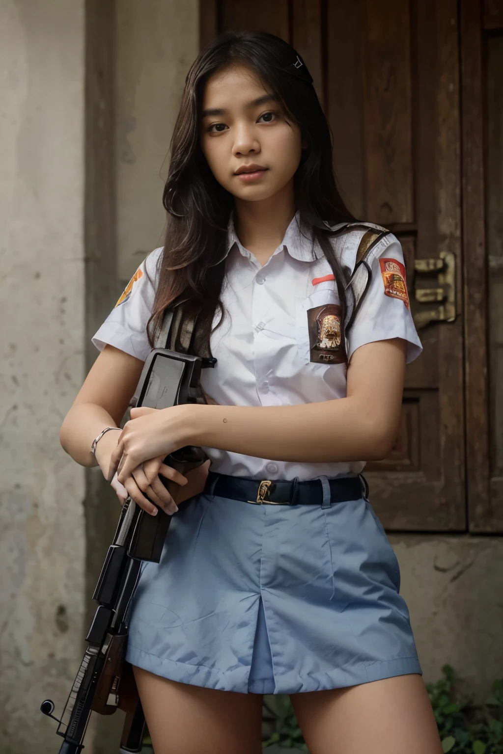 Masterpiece, a 20 years old beautiful indonesian woman in a student uniform holding an AK47 rifle, long hair, slender athletic body, detailed eyes, a proud indonesian student, portrait of a female student, portrait of student girl, beautiful female student, indonesian, of a sniper girl in war, holding an AK47 rifle, holding rifle, arms folded, portrait of a female ranger, portrait shot, by Arthur Sarkissian, determined face, with AK47 rifle, with AK47 rifle in hands, ultra high res.photorealistic:1.4, UHD, beautiful city background