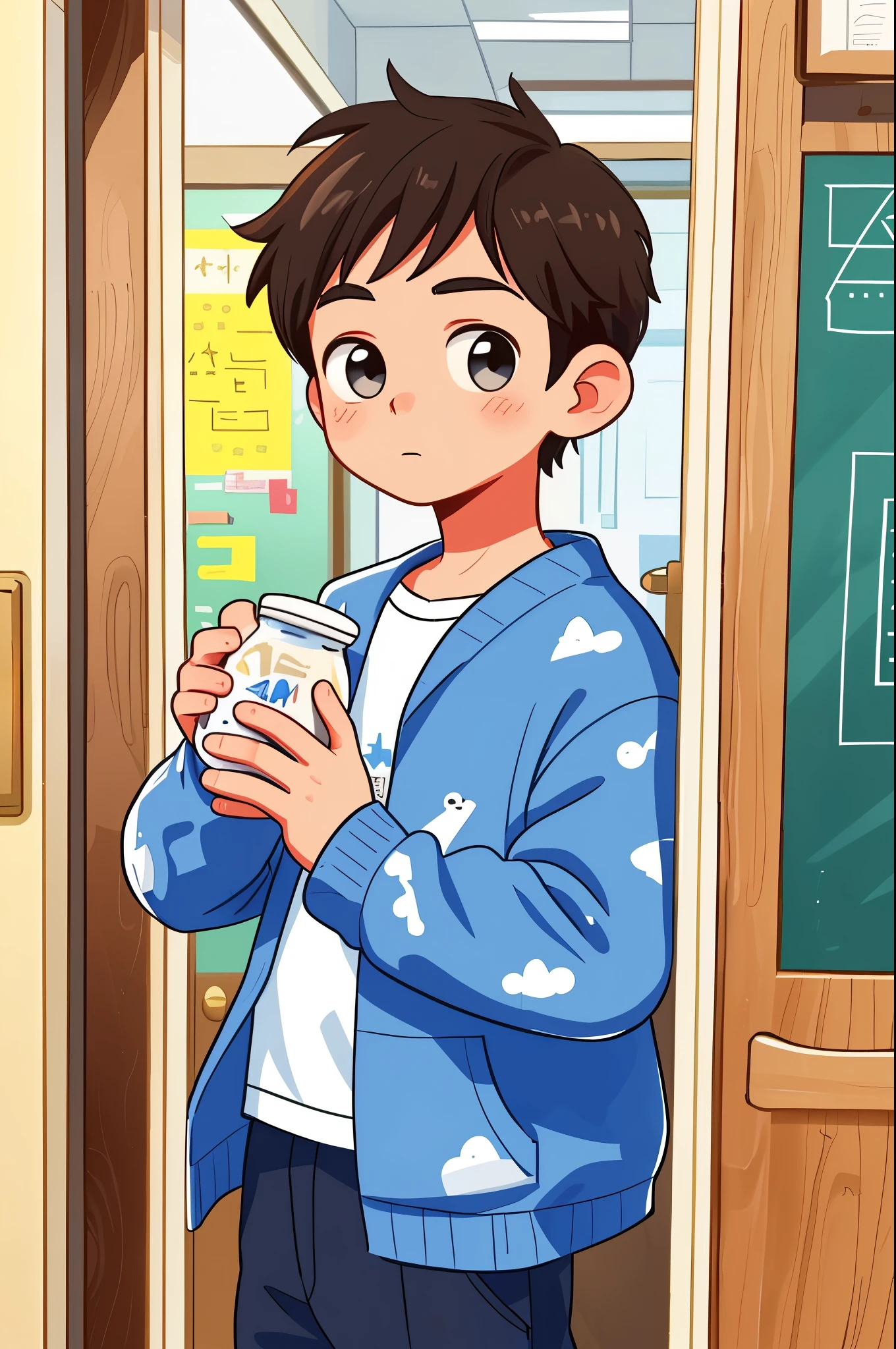 a boy,clothes yes,The pattern is ha,black eyes,8 a.m,Take your own breakfast milk,At the classroom door,Chat with friends
