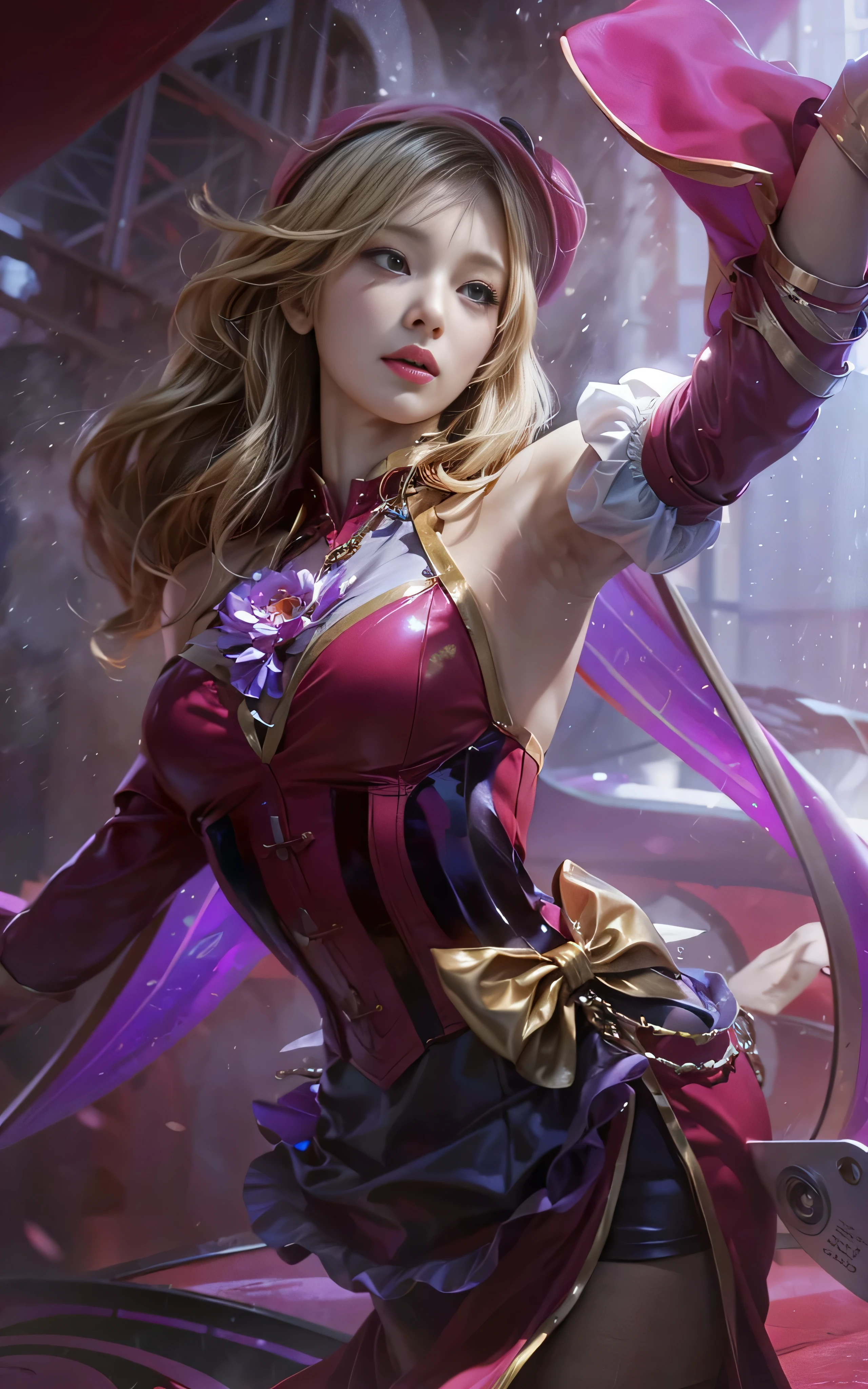a close up of a woman in a costume holding a pink hat, orianna, extremely detailed artgerm, ! dream artgerm, cushart krenz key art feminine, style artgerm, artgerm detailed, valentina remenar, artgerm. high detail, kda, miss fortune, ig model | artgerm, ashe, photorealistic:1.4, 4K, 8K, UHD, blonde hair