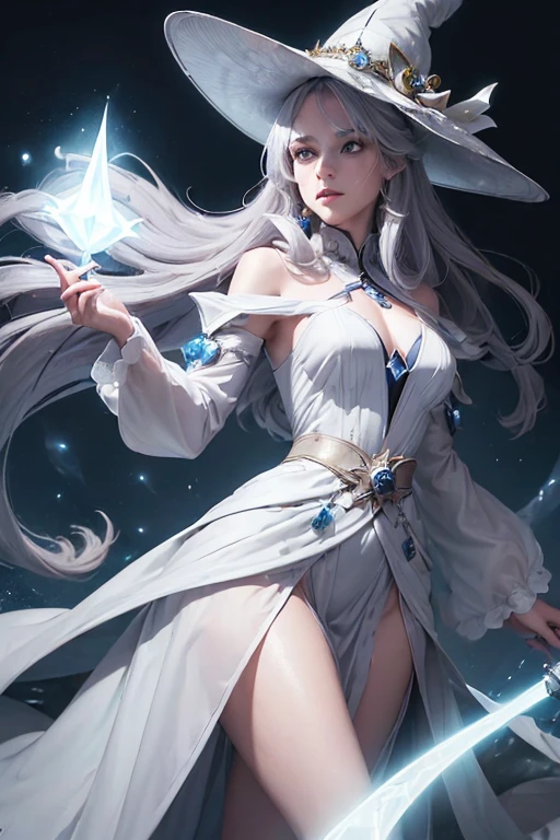 (master piece:1.8), (best quality:1.8), (exquisite lighting and shadow, highly dramatic picture, cinematic lens effect) 8k, wallpaper, looking at the viewer, female long silver hair waving in the air thin and tall young fantasy witch lady wearing a futuristic dark gray large tunic with white ornaments and very long tunic sleeves, large dress with white ornaments, white lines in dress, with a big light gray pointy magician hat with a big blue gem in the center, holding a middle magic staff with a big gem, thin waist, notorious hips, serious look in the eyes, beautiful eyes, beautiful lips, blue shiny energy lake background, blue glowing mist behind, blue stars, blue energy flying spots behind, ethereal lightning, sharp focus