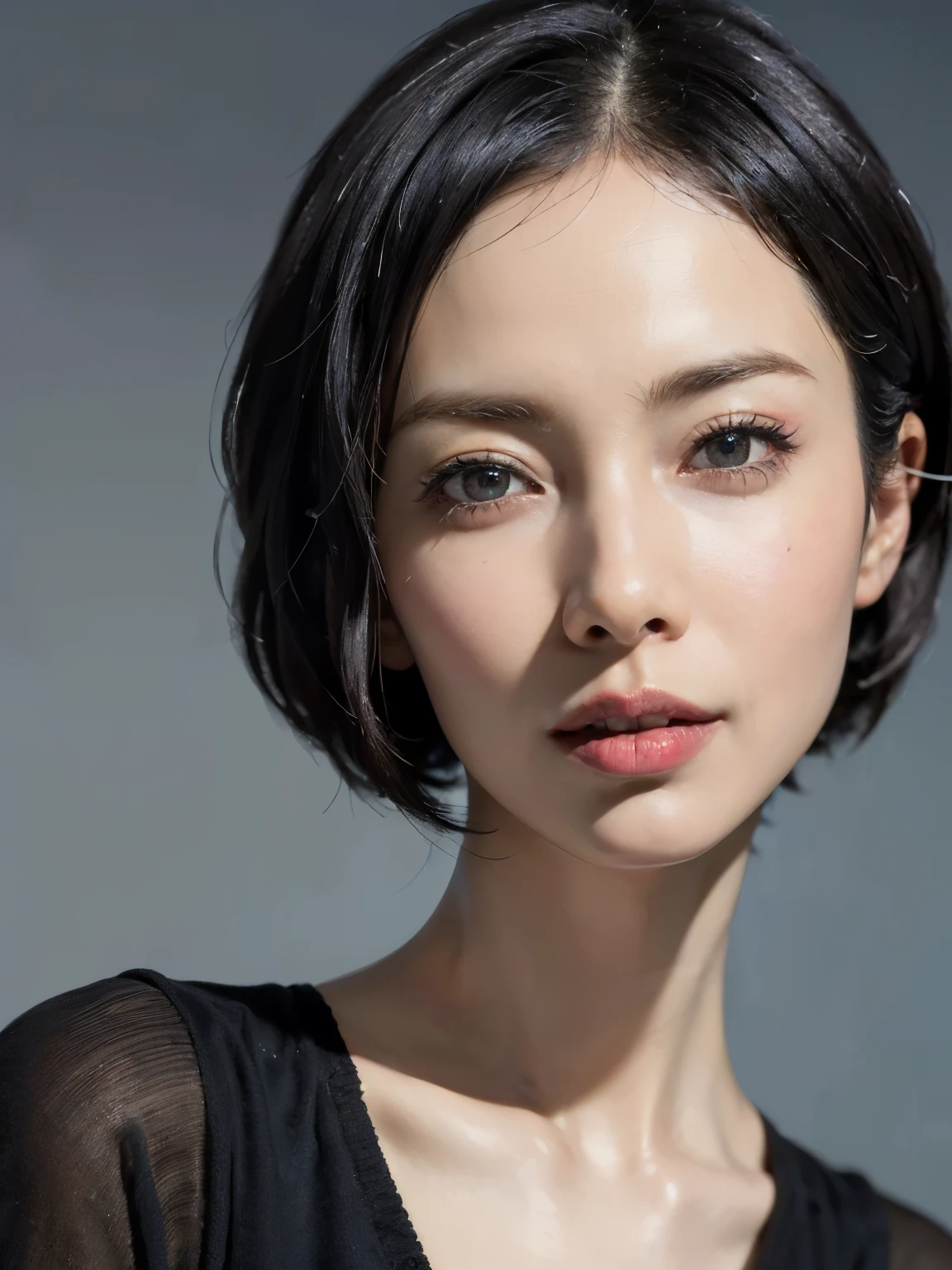 (masterpiece:1.3), (8k, photorealistic, RAW photo, best quality: 1.4), (1girl), beautiful face, (realistic face), (black hair, short hair:1.3), beautiful hairstyle, realistic eyes, beautiful detailed eyes, (realistic skin), beautiful skin, (sweater), absurdres, attractive, ultra high res, ultra realistic, highly detailed, golden ratio, , (blue background), ((ID photo))