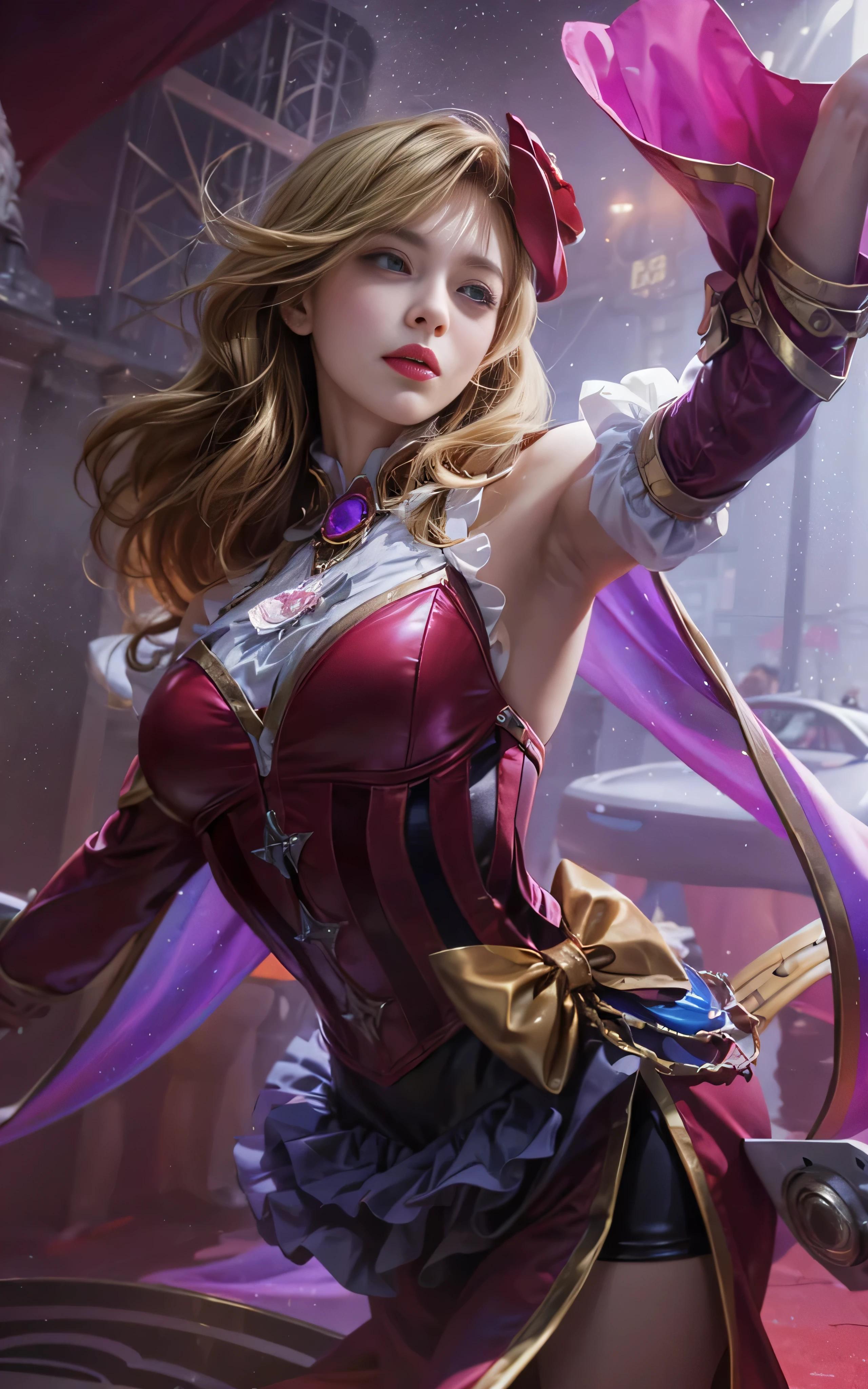 a close up of a woman in a costume holding a pink hat, orianna, extremely detailed artgerm, ! dream artgerm, cushart krenz key art feminine, style artgerm, artgerm detailed, valentina remenar, artgerm. high detail, kda, miss fortune, ig model | artgerm, ashe, photorealistic:1.4, 4K, 8K, UHD, blonde hair, blush, red lip