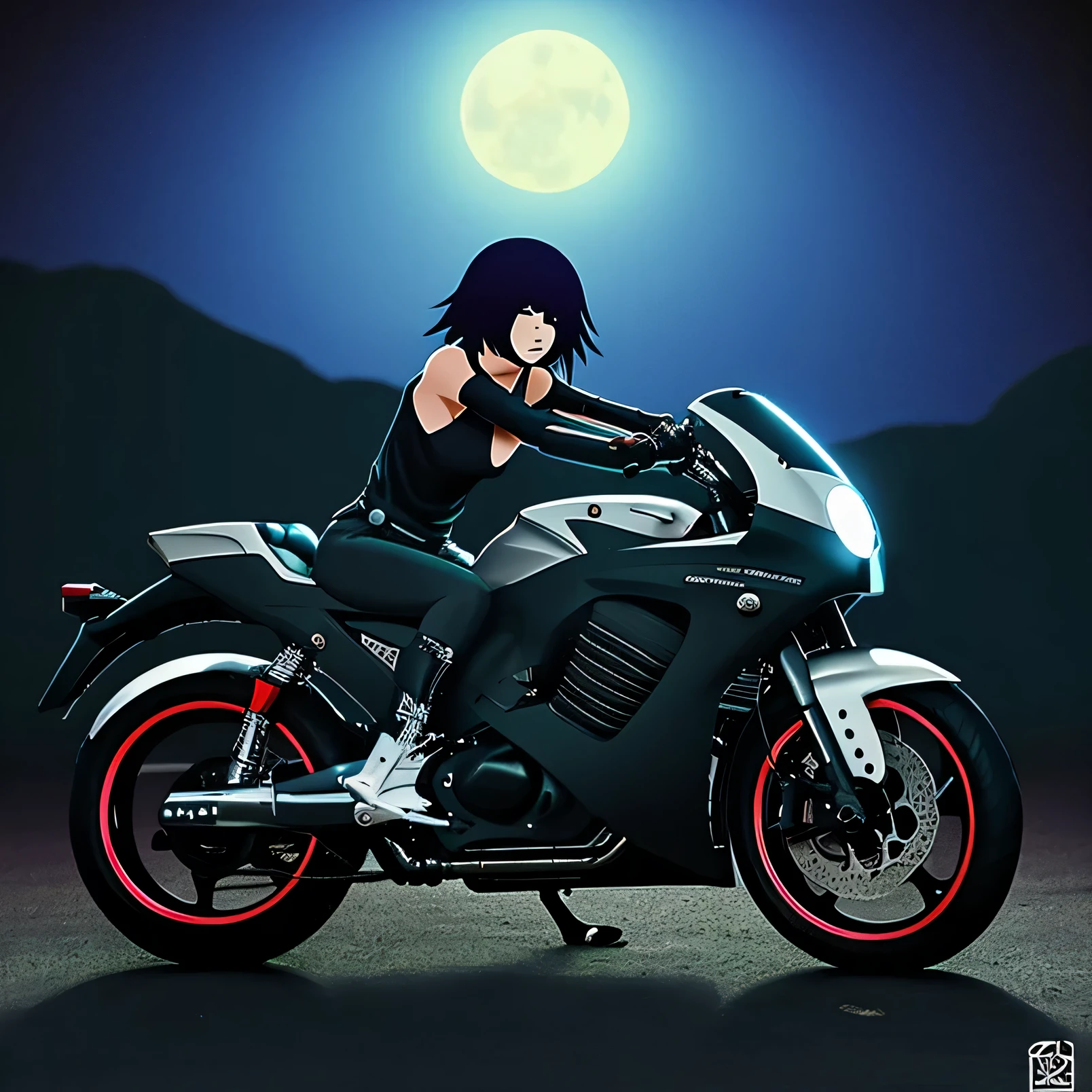 A full-cowl motorcycle on a moonlit night　Anime Style