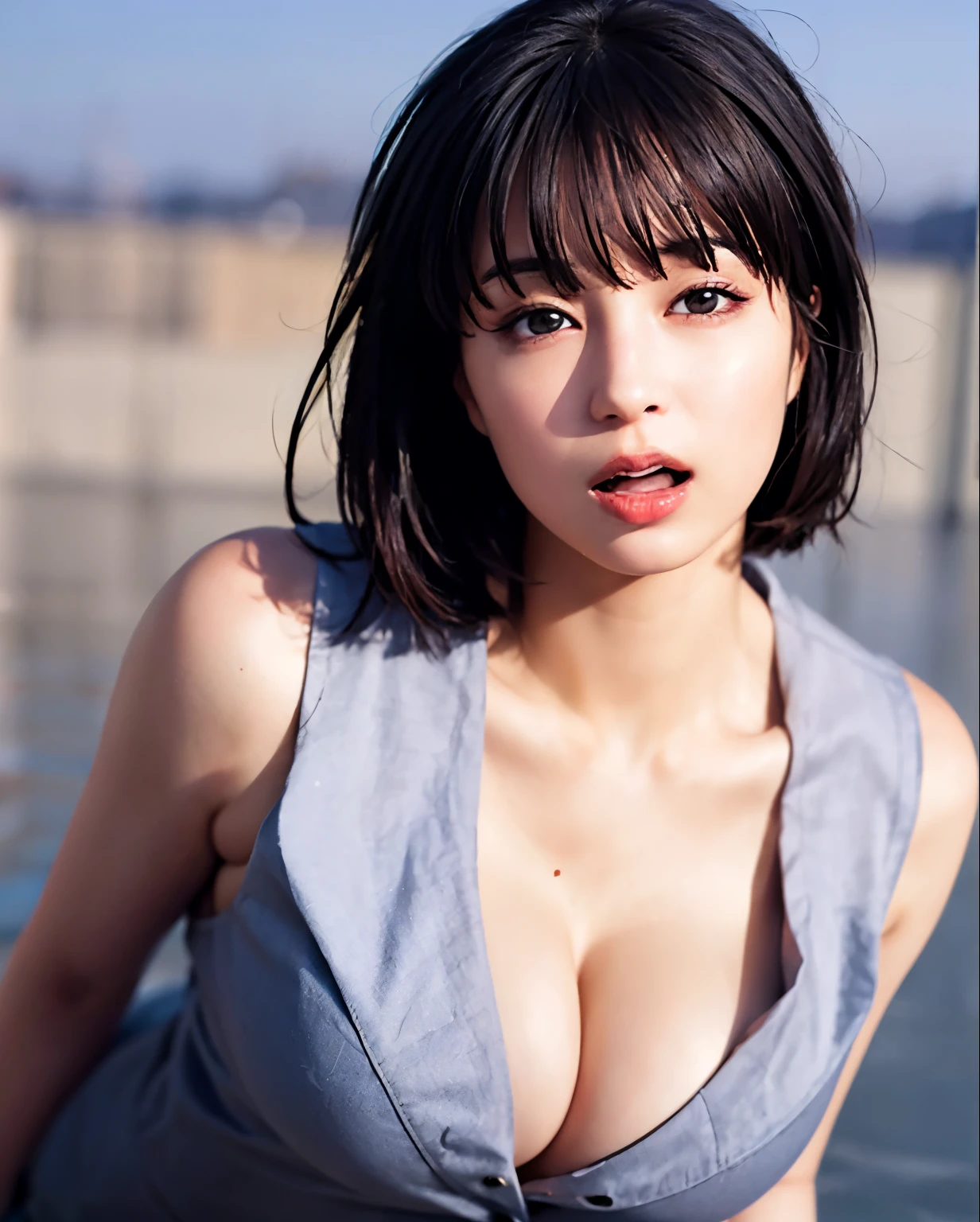 whole body, highest quality, Realistic, 8k, High resolution, 1 girl, woman, (Sexy pose: 1.7, Exposure: 1.9, Cleavage Exposure: 2), nice, (Next 0.5, big: 1.8), (underwear: 2, good: 1.3, lingerie: 1.4), (Short Bob: 1.8, Parted bangs: 1.6), Watch Viewer, (1 girl's Eyes Viewer: 1.6), Realistic, (Bokeh), (floating hair, lips, Open your mouth: 1.43), nice, Purelos Face_v1:1,