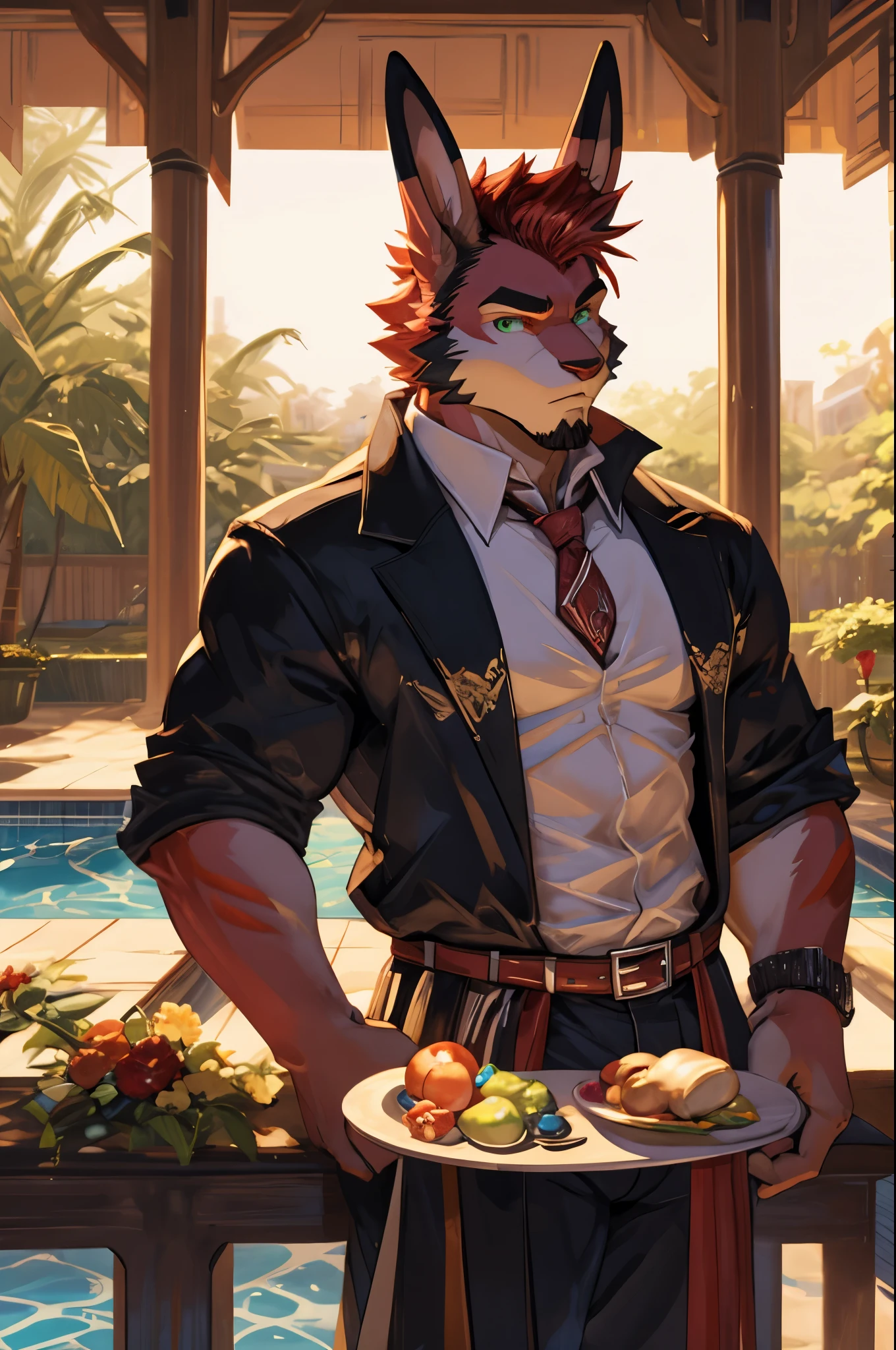 perfect face, bara furry, rabbit man, big body, cardinal skin, short quiff red hair, green eyes, perfect eyes, big rabbit ears, handsome, at pool