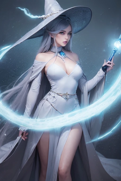 (master piece:1.8), (best quality:1.8), (exquisite lighting and shadow, highly dramatic picture, cinematic lens effect) 8k, wallpaper, looking at the viewer, female long silver hair waving in the air thin and tall young fantasy witch lady wearing a futuristic dark gray large tunic with white ornaments and very long tunic sleeves, large dress with white ornaments, white lines in dress, with a big light gray pointy magician hat with a big blue gem in the center, holding a middle magic staff with a big gem, thin waist, notorious hips, serious look in the eyes, beautiful eyes, beautiful lips, blue shiny energy lake background, blue glowing mist behind, blue stars, blue energy flying spots behind, ethereal lightning, sharp focus