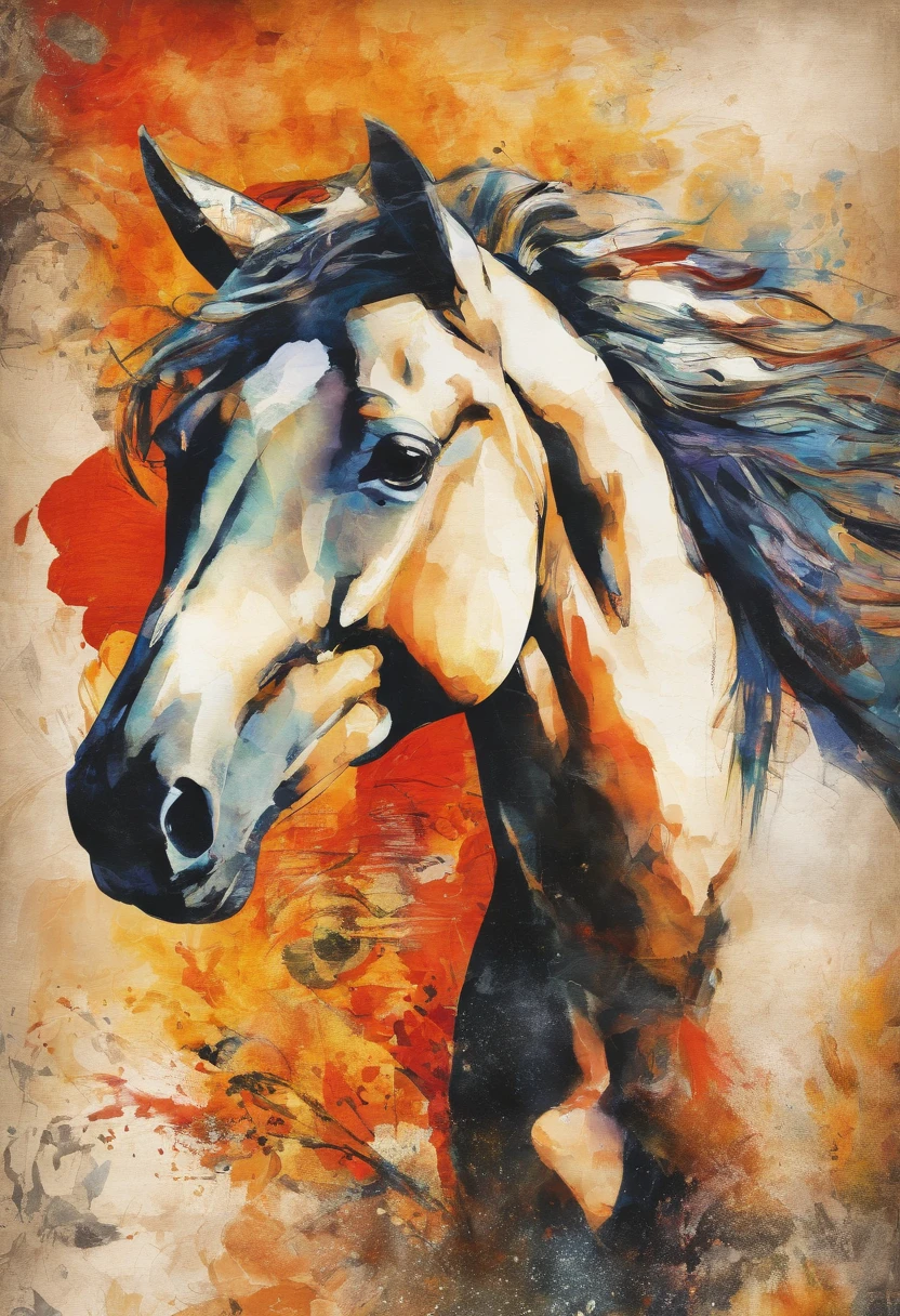 cheval frison hautain stoïque assis (expression d'indifférence), regard froid, posture sage, radiant summer sun background representing fire ::2 colorful ink painting ::2 art fantasy