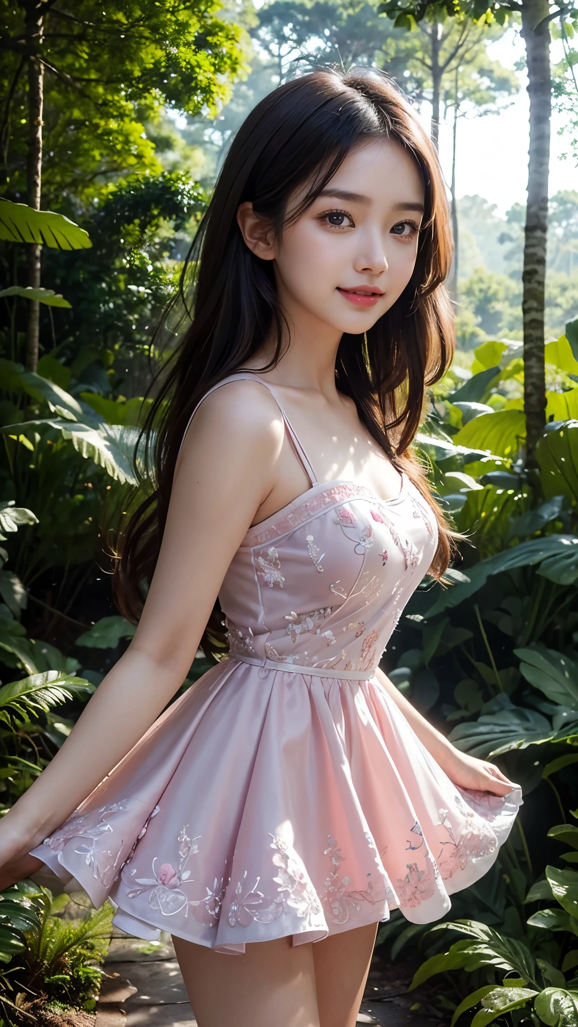 a beautiful young girl standing in front of a blue jacaranda tree, detailed facial features, stylish hair, striking blue eyes, delicate pink lips, flowing golden hair, ethereal aura, serene expression, dappled sunlight filtering through the blue blossoms, lush green foliage, dreamy, whimsical, fantasy-like, digital art, highly detailed, cinematic lighting, vibrant colors, photorealistic, 8k, above knee length glitter red dress, Standing, smile, butterfly's, Curved position 