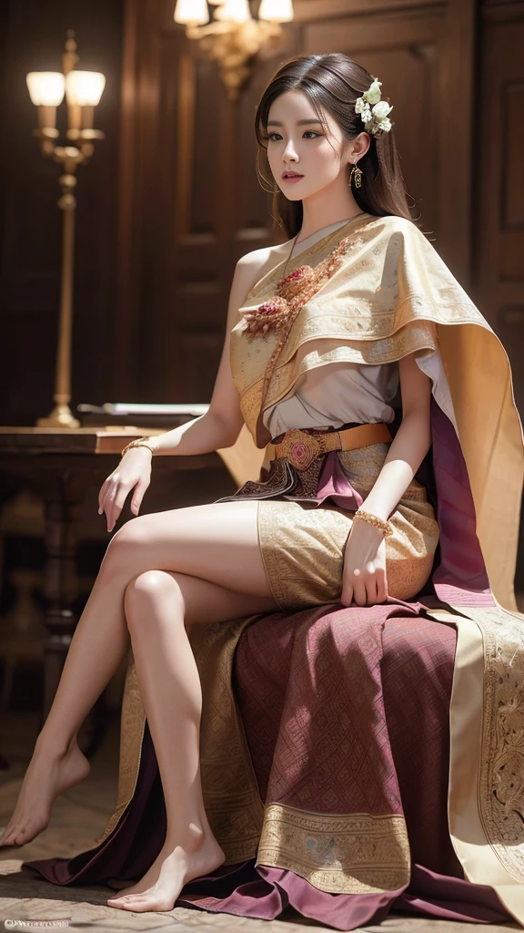 (raw photos:1.2), (realistic:1.4), (Masterpiece:1.3), (best quality:1.4), Ultra high resolution, (Detailed eyes), (Detailed facial features), (Detailed clothing features), HDR, 8K resolution, Focus only, Dressing according to Thai tradition, Traditional shawl , 1 woman , big breasts, A gigantic rift, big breastsดันเสื้อผ้า, big breast, Breasts are fully grown., Make your breasts bigger.., small waist, Long legs, Facing the audience, Full body, depth of field, Cinema-grade lighting system, big breasts,  too big for your body, Showing a flat stomach, The lower half of the breast is visible., Sexy sitting or lying position, Picture from a very low angle, Gestures that capture a man&#39;s heart, Gestures that arouse emotion, legs apart, Spread your legs apart., reveal