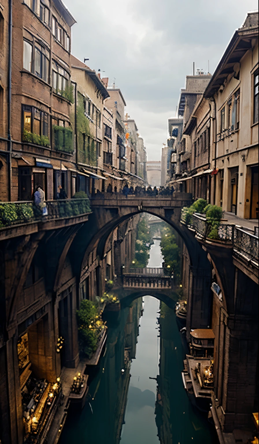 ((masterpiece)),((best quality)),((high detial)),((realistic,))
Industrial age city, deep canyons in the middle, architectural streets, bazaars, Bridges, rainy days, steampunk, European architecture