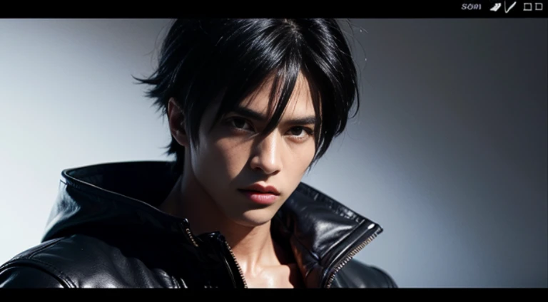 1990 screengrab of male model Goku wearing a sleek black Balenciaga leather jacket with silver studs, fashion movie scene, Balenciaga commercial –ar 3:2 –in 5