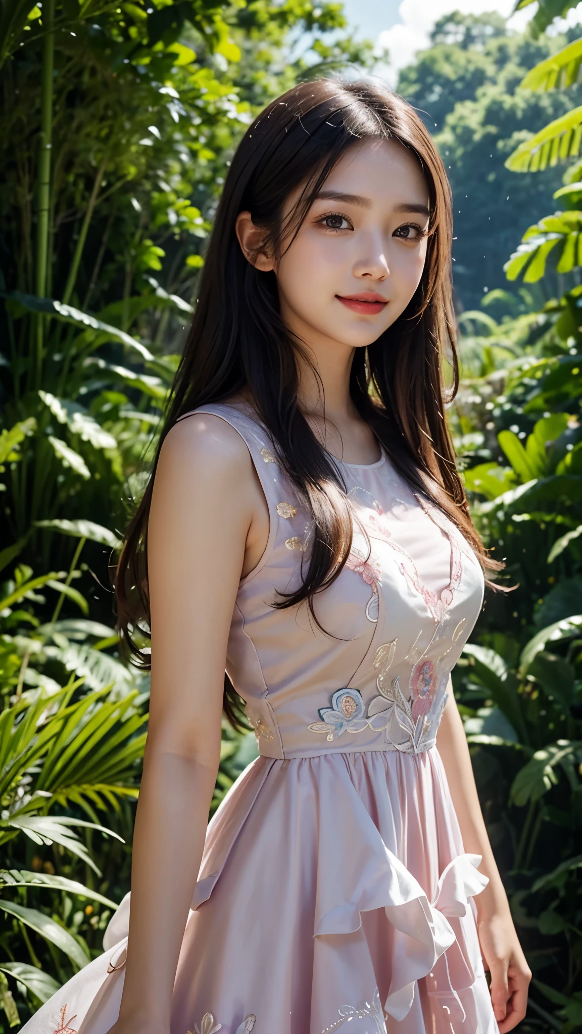 18 years girl, Asian Beauty Girl, A beautiful and cute girl, full body photo, extremely beautiful and delicate, black hair, sweet smile, (smile: 1.2), delicate beautiful fair skin, realistic and realistic, exquisite and complete facial features, detailed facial portrayal, high nose bridge, flowing smooth hair, extremely delicate hair, soft temperament, face light, tall, thin, real, hyper-real, full-body lens, (Beautiful layered frock Pink Party Dress with Embroidery), ultimate picture quality, highest precision, accurate and perfect human body structure. Blue sky and white clouds, Rain forest , very dangerous forest, Very height trees, walking in middle of forest, blue sky and white clouds, sunlight, 