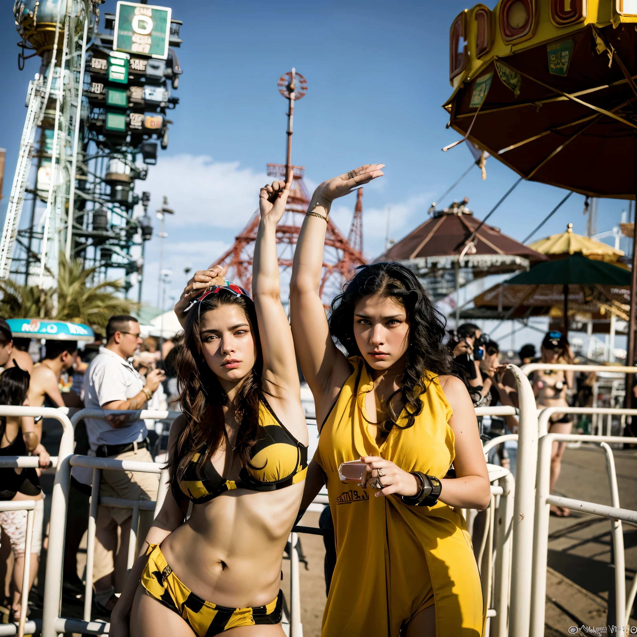 Aliens and woman sunbathing at Coney Island boardwalk realistic