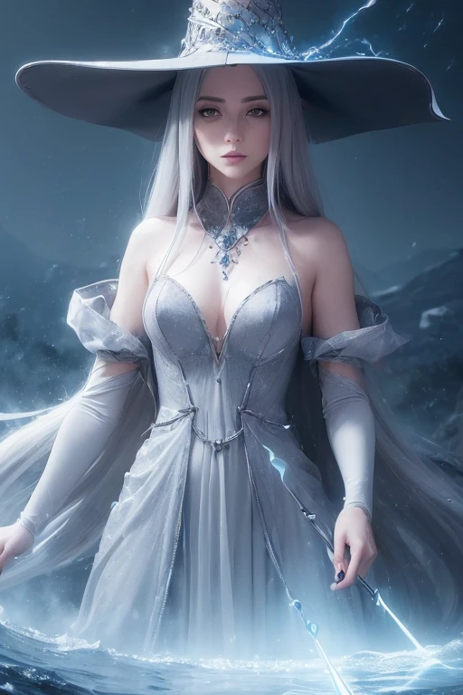 (master piece:1.8), (best quality:1.8), (exquisite lighting and shadow, highly dramatic picture, cinematic lens effect) 8k, wallpaper, looking at the viewer, female long silver hair waving in the air thin and tall young fantasy witch lady wearing a futuristic dark gray large tunic with white ornaments and very long tunic sleeves, large dress with white ornaments, white lines in dress, with a big light gray pointy magician hat with a big blue gem in the center, holding a middle magic staff with a big gem, thin waist, notorious hips, serious look in the eyes, beautiful eyes, beautiful lips, blue shiny energy lake background, blue glowing mist behind, blue stars, blue energy flying spots behind, ethereal lightning, sharp focus