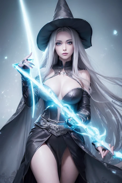 (master piece:1.8), (best quality:1.8), (exquisite lighting and shadow, highly dramatic picture, cinematic lens effect) 8k, wallpaper, looking at the viewer, female long silver hair waving in the air thin and tall young fantasy witch lady wearing a futuristic dark gray large tunic with white ornaments and very long tunic sleeves, large dress with white ornaments, white lines in dress, with a big light gray pointy magician hat with a big blue gem in the center, holding a middle magic staff with a big gem, thin waist, notorious hips, serious look in the eyes, beautiful eyes, beautiful lips, blue shiny energy lake background, blue glowing mist behind, blue stars, blue energy flying spots behind, ethereal lightning, sharp focus
